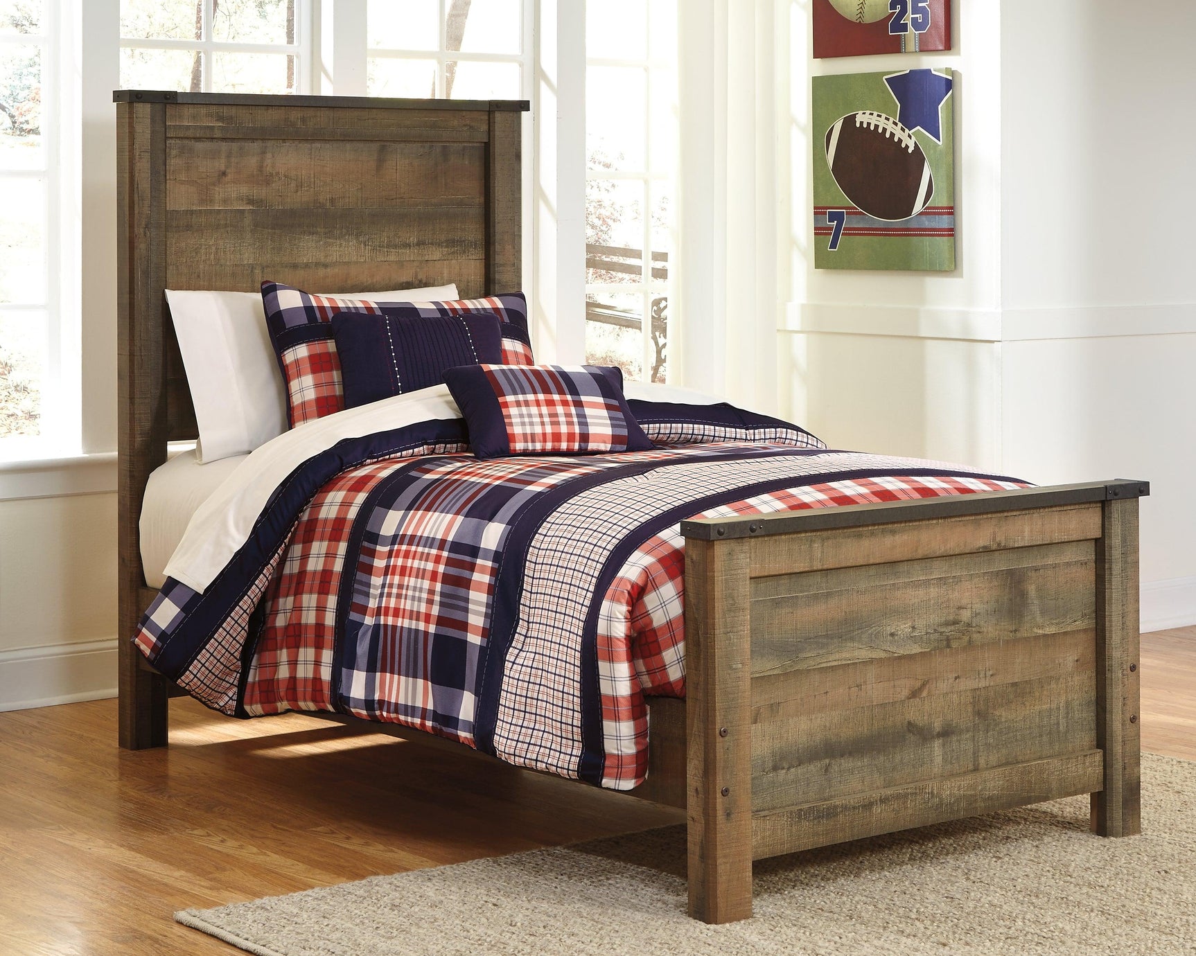 Trinell Brown Twin Panel Bed angled with rustic finish