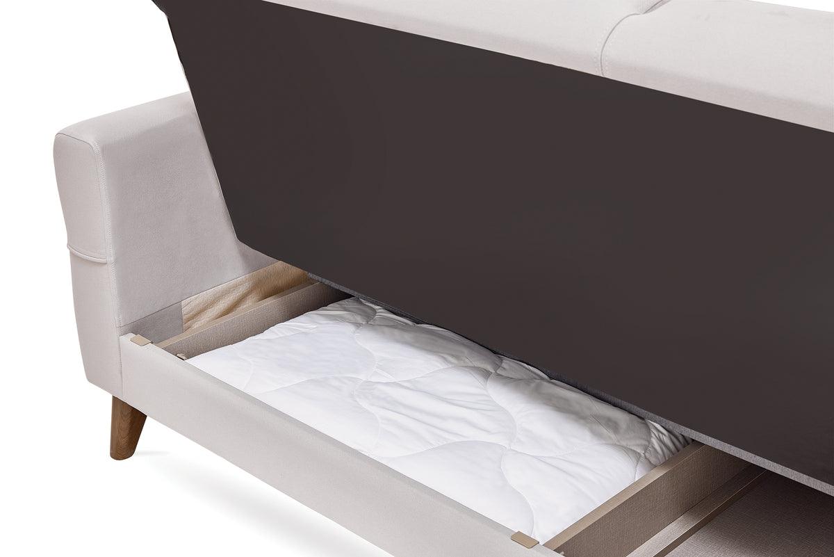 Astera Sand 3-Seater sofa bed open as bed, cream gray upholstery