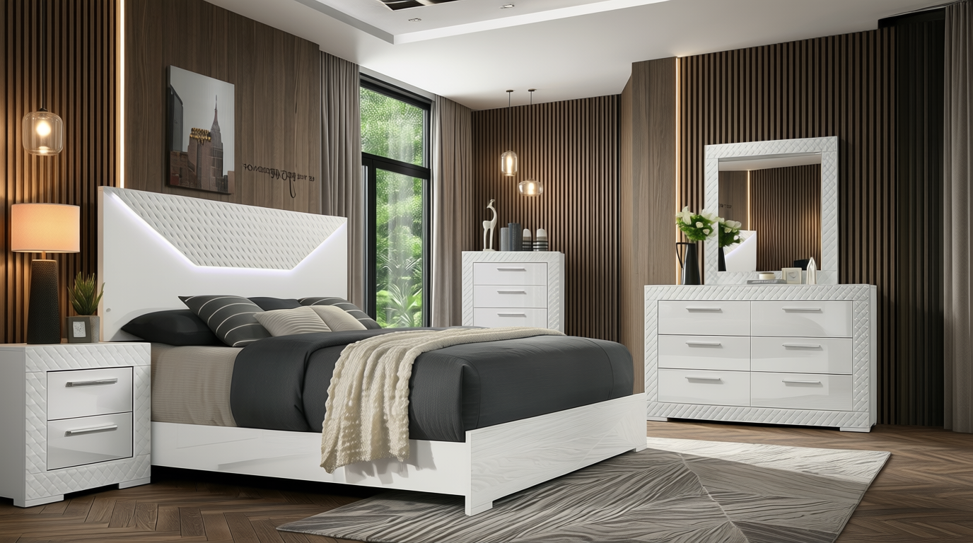 Ivette White High Gloss Bedroom Set with LED Headboard from Decor Furniture