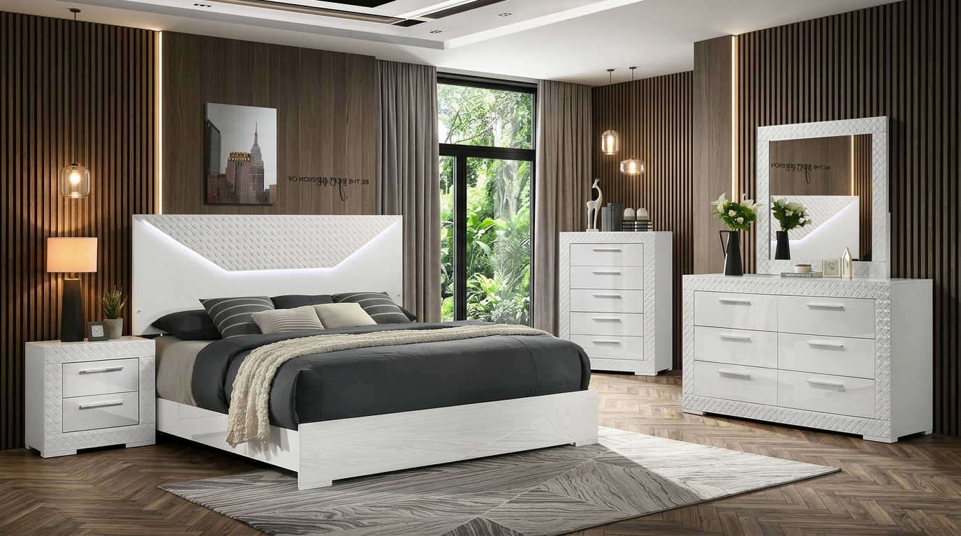 Ivette White High Gloss Bedroom Set with LED Headboard view 2
