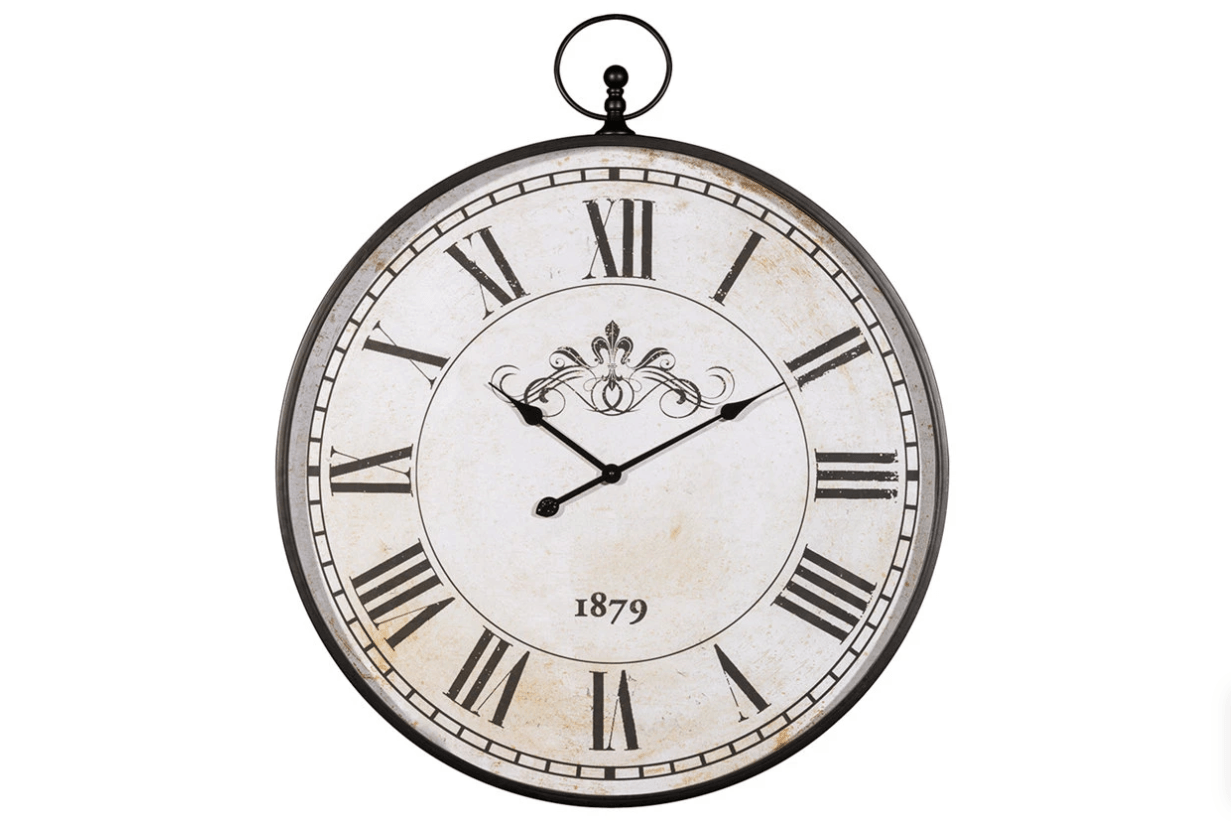 Full view of Augustina Antique Black Wall Clock hanging on wall