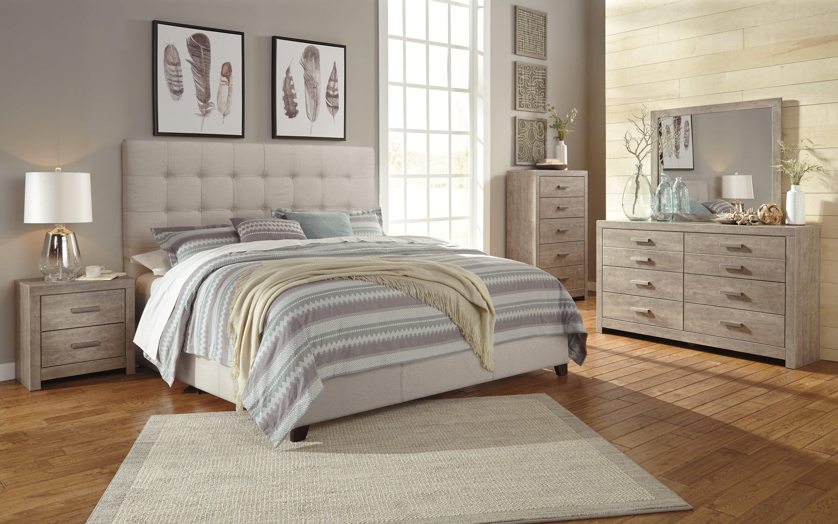 Dimensional diagram of Dolante Beige King Upholstered Bed