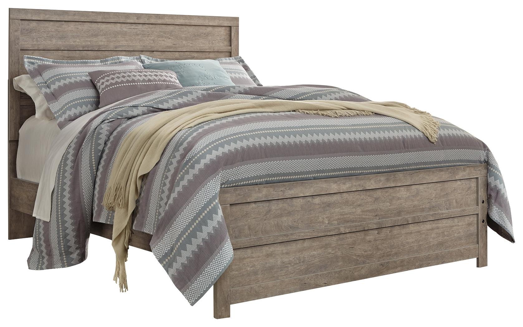 Side angle of Culverbach Gray Queen Panel Bed