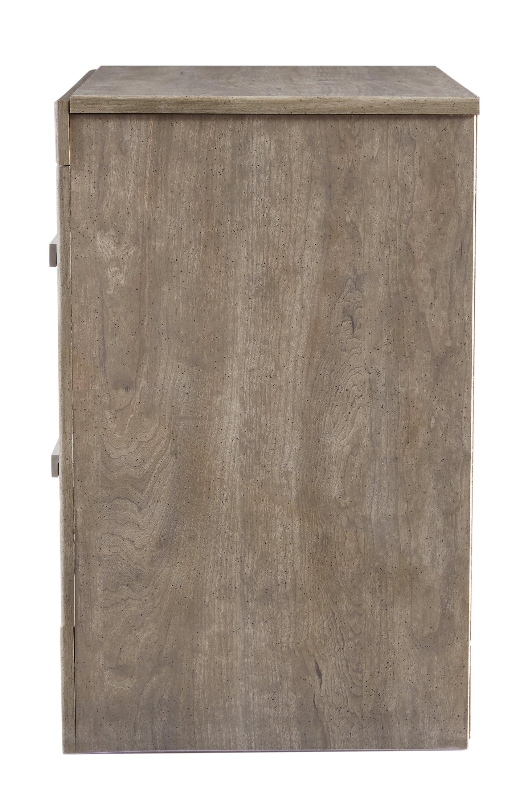 Open drawer view of Culverbach Gray Nightstand showing linen lining