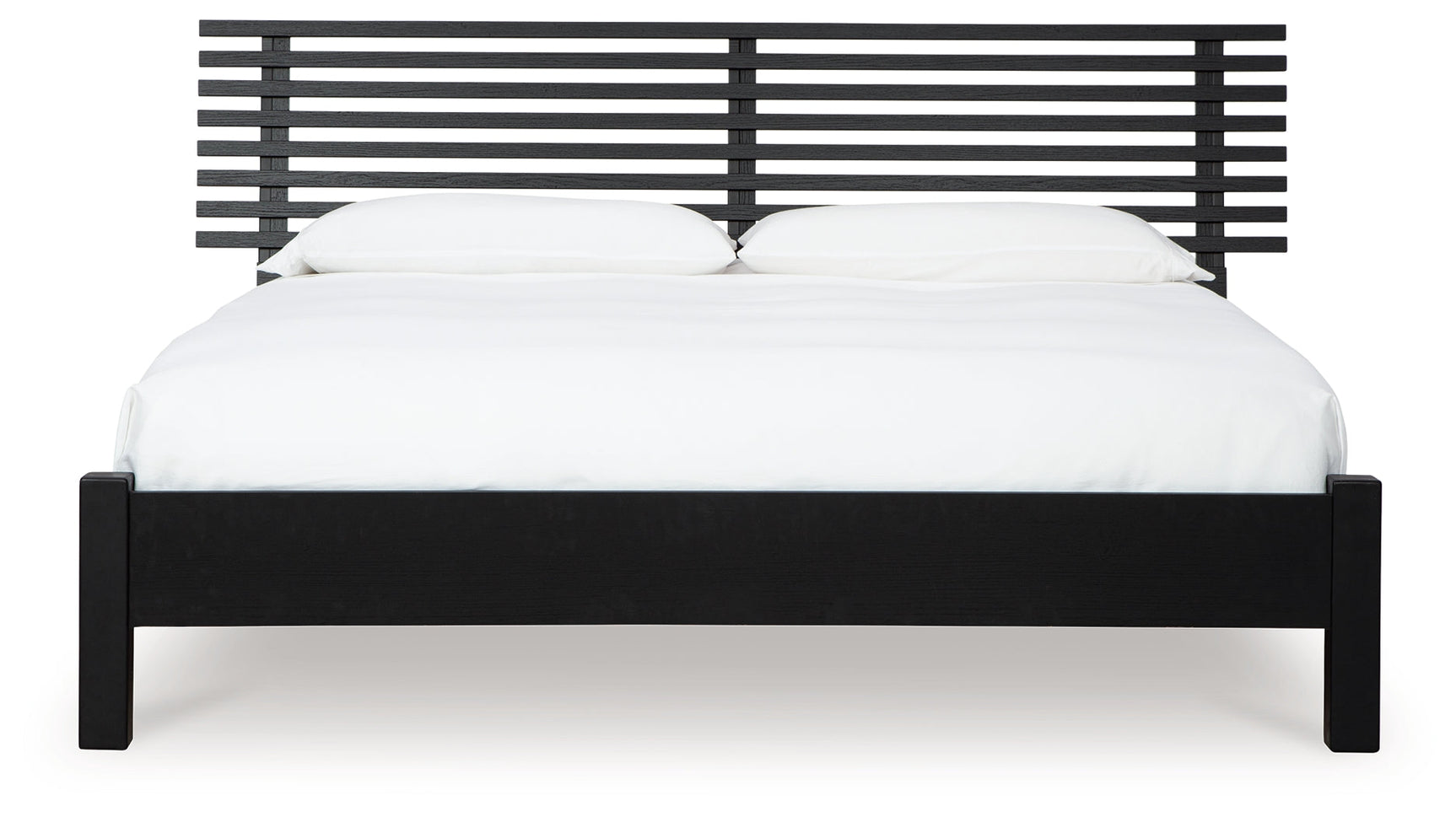 Close-up side view of Danziar Black Queen Slat Panel Bed frame