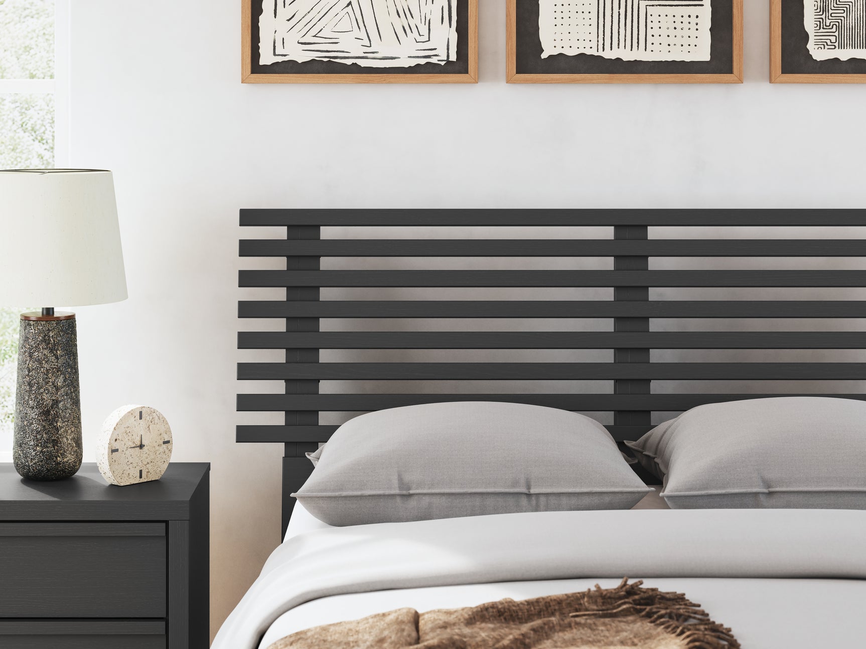 Danziar Matte Black Full Slat Panel Bed full length side view