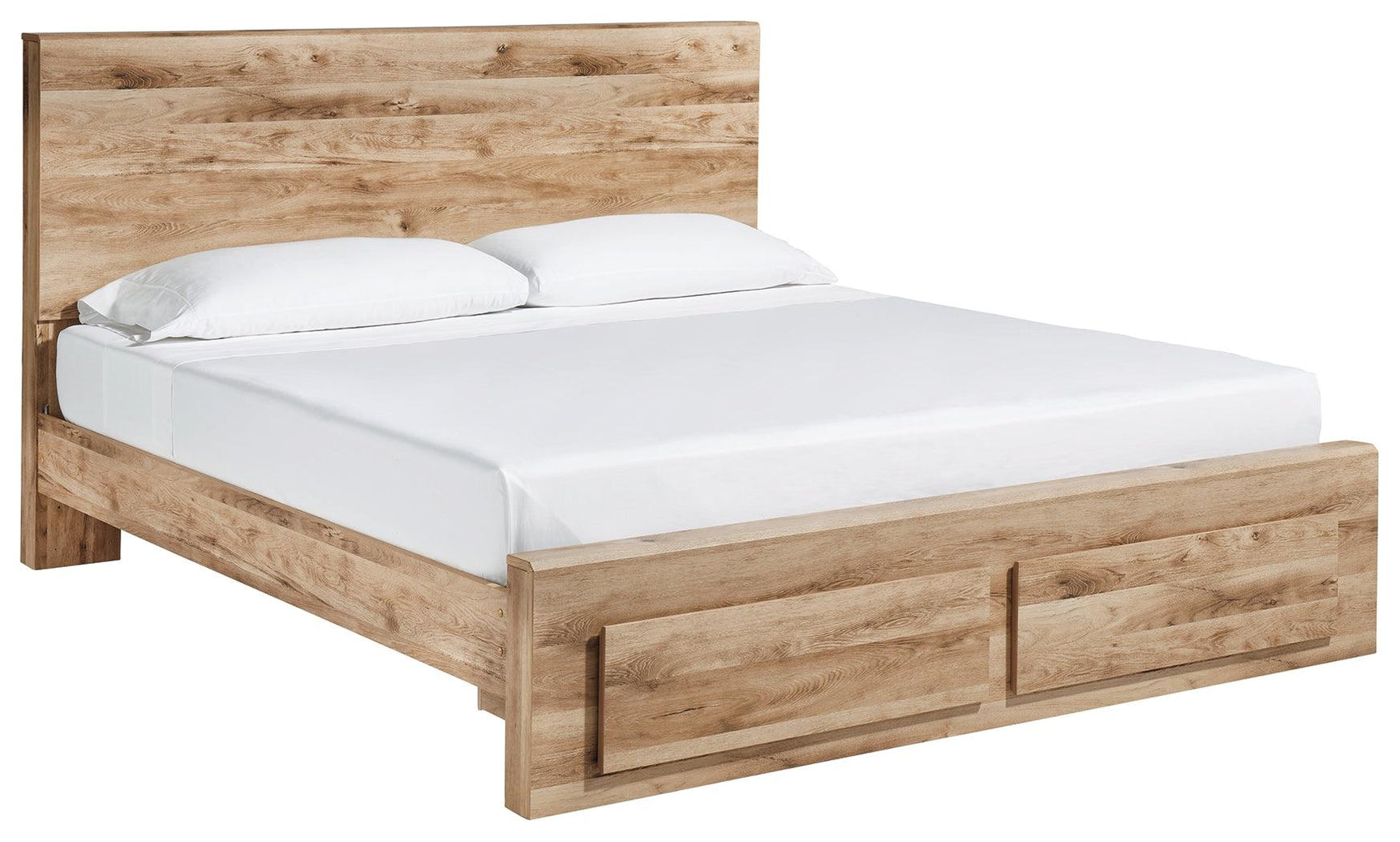 Hyanna Tan King Panel Storage Bed side angle with storage drawers