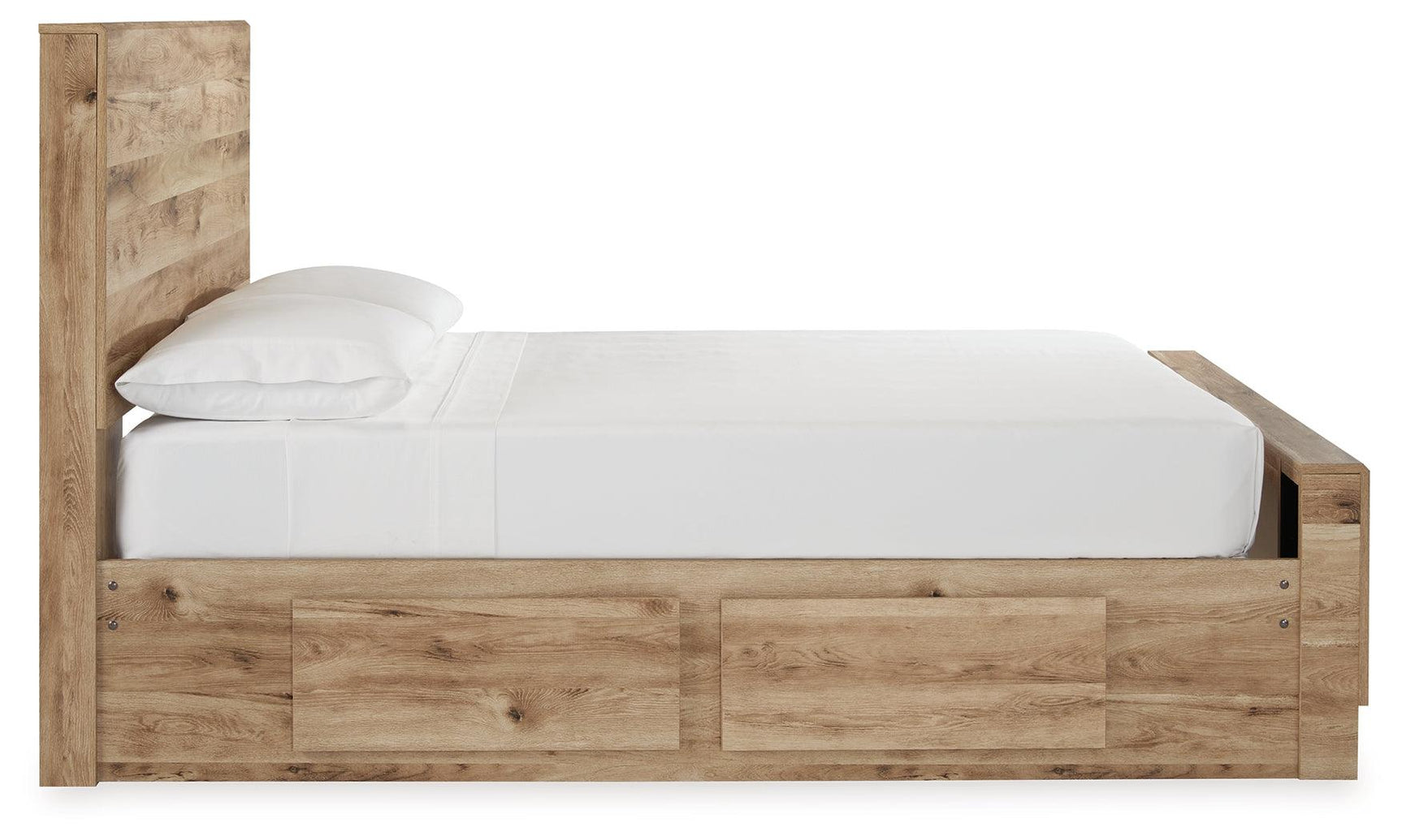 Close-up of storage drawers on Hyanna tan brown full panel bed