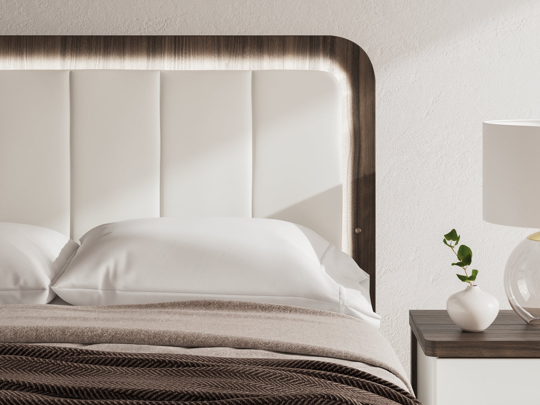 Ambient lighting on faux leather headboard at night