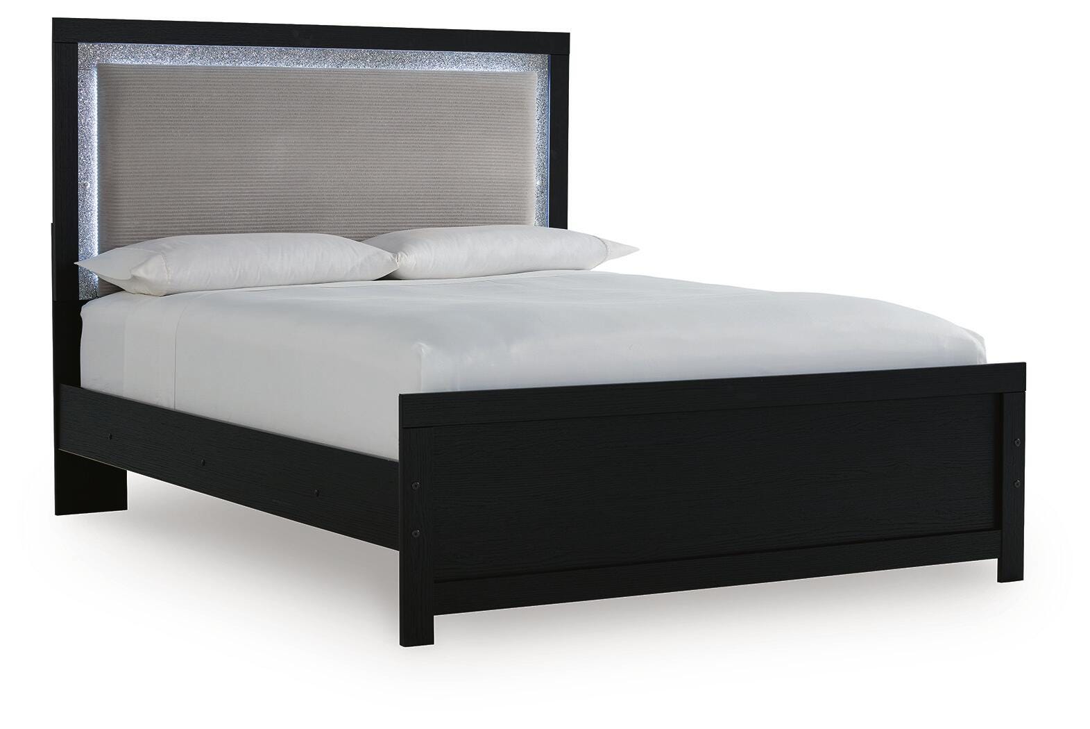 Maeling Black Queen Upholstered Panel Bed angled view