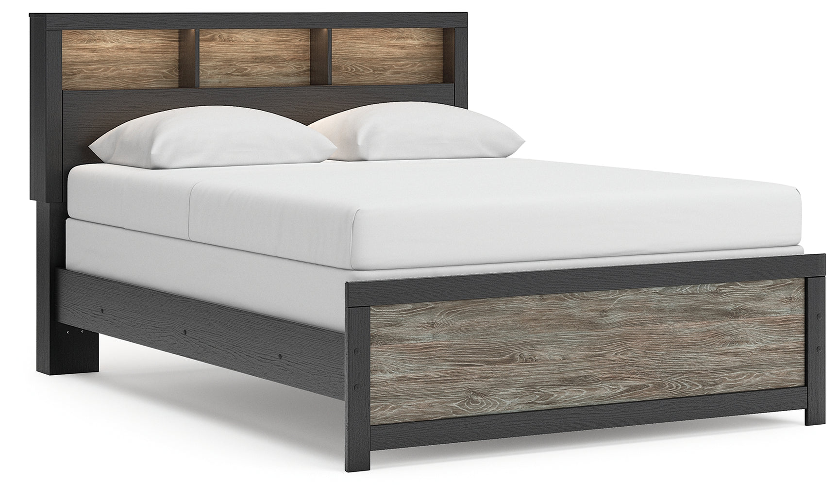 Side angle detail of Broachmyn Queen Bed showing bookcase and drawer