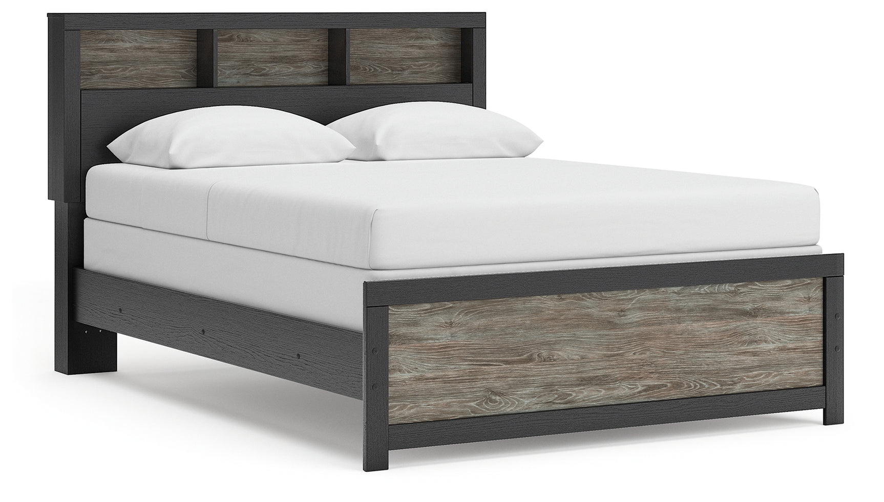 Broachmyn Queen Bookcase Panel Bed angle view with drawers visible