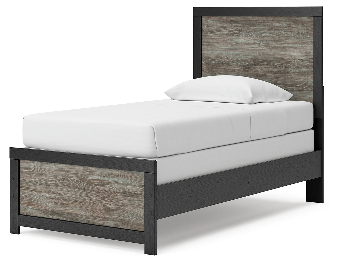 Alternate angle of Broachmyn Twin Panel Bed with wood grain texture visible