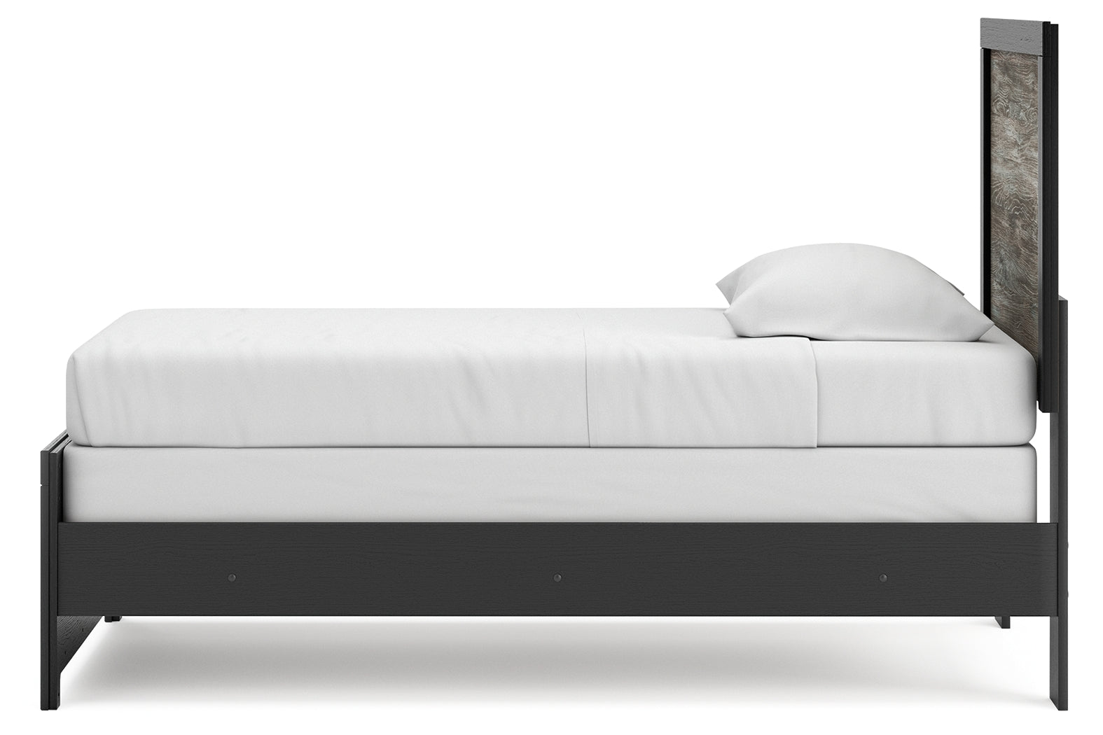 Side angle of Broachmyn Twin Panel Bed with focus on footboard