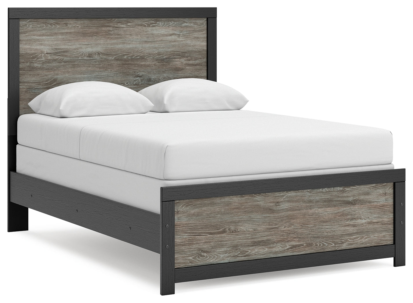 Broachmyn full panel bed side angle with rustic gray and matte black finish