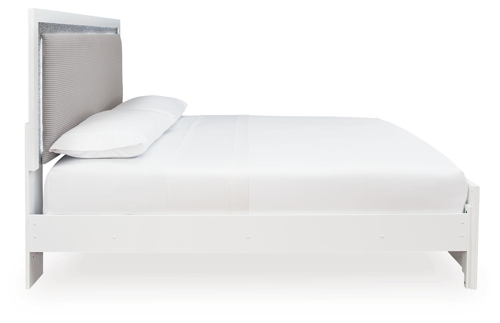 Side view of Maeling White King Upholstered Panel Bed