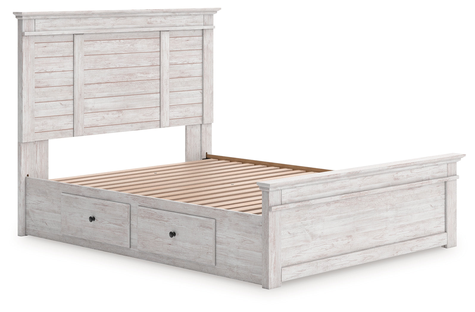 Makidern whitewash queen panel storage bed front angled view