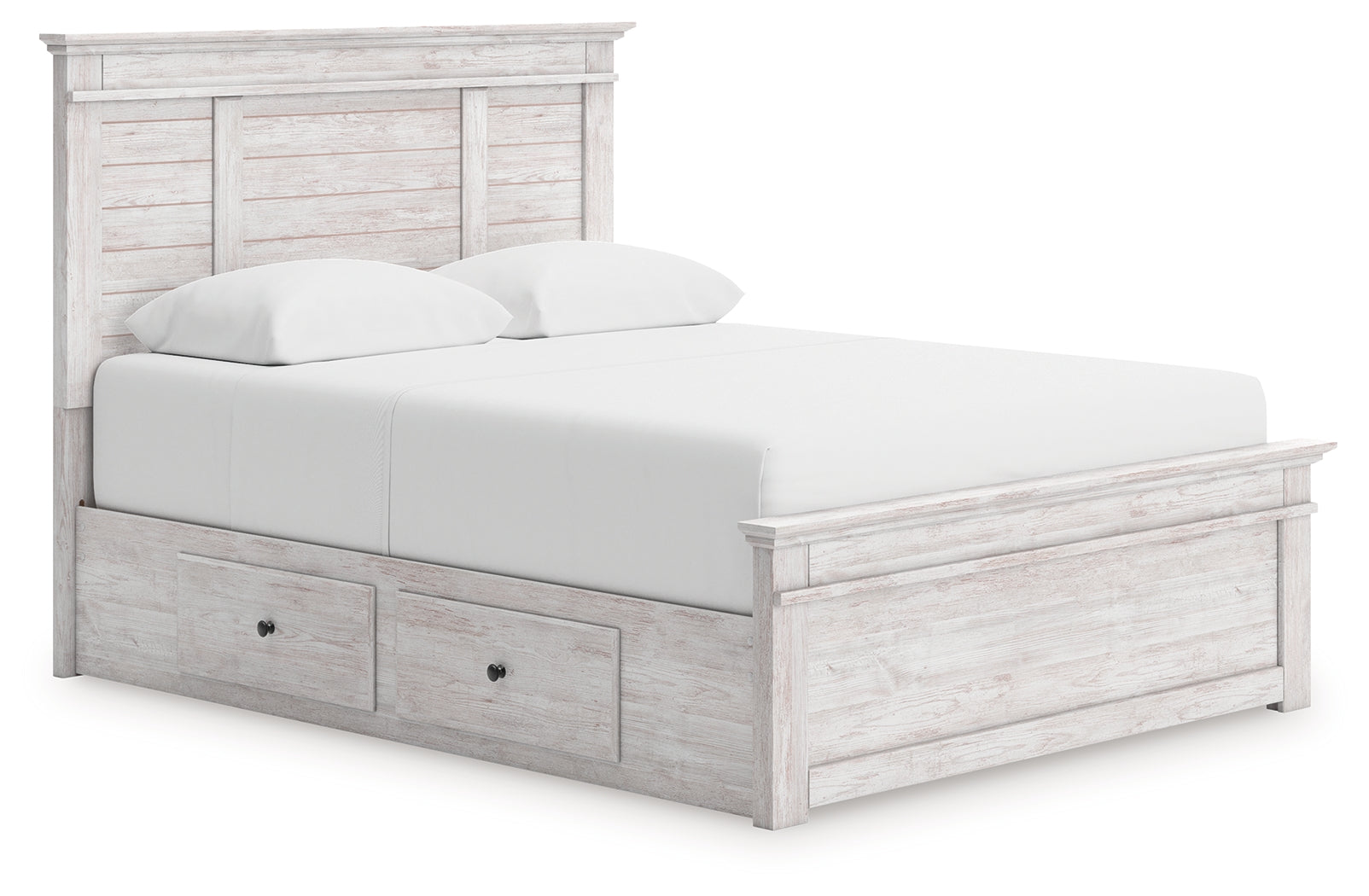 Makidern whitewash queen panel storage bed front angled view