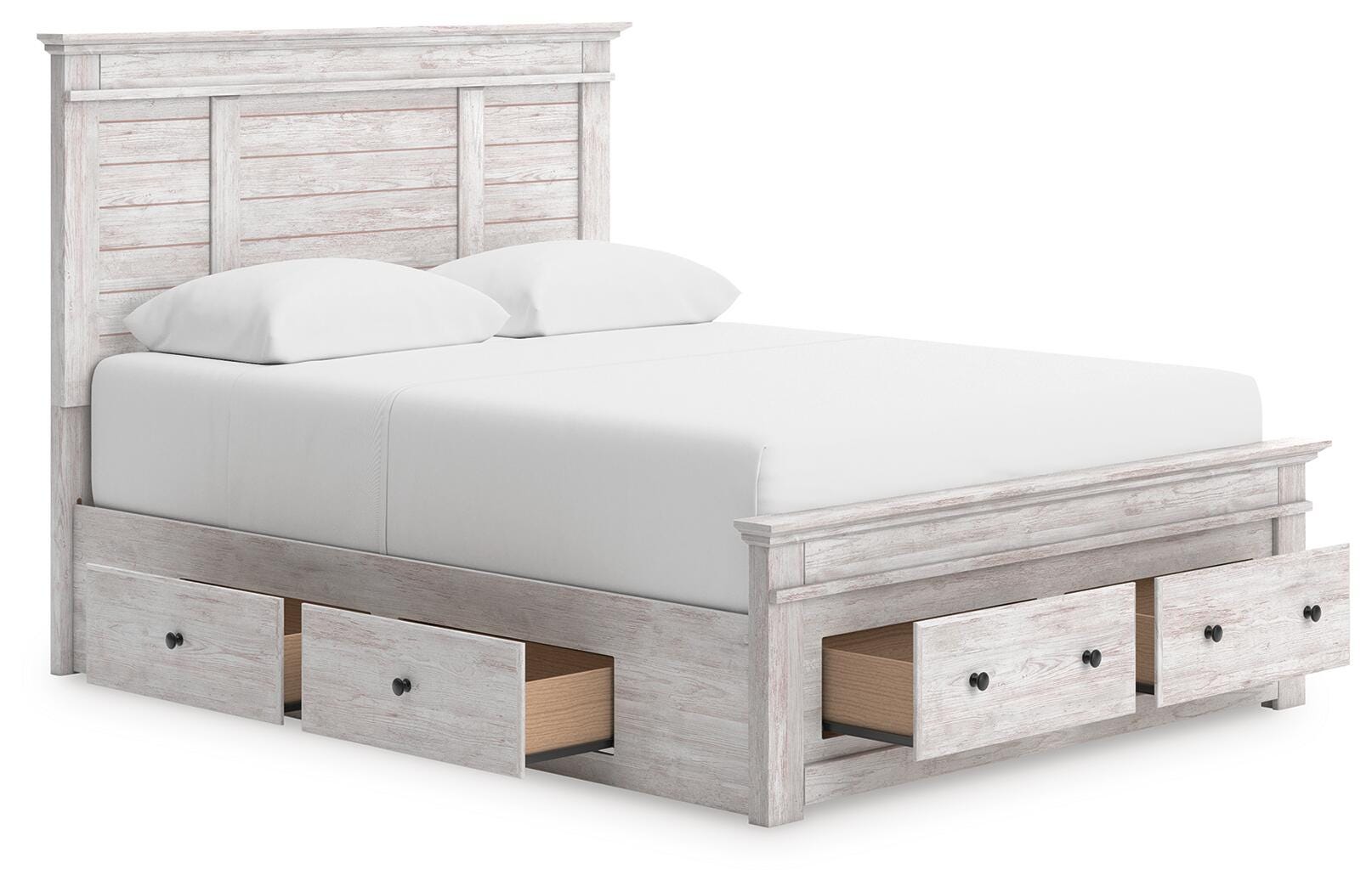 Makidern Whitewash Queen Panel Storage Bed angled view
