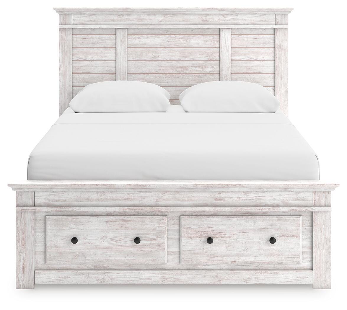 Head-on view of Makidern queen panel storage bed