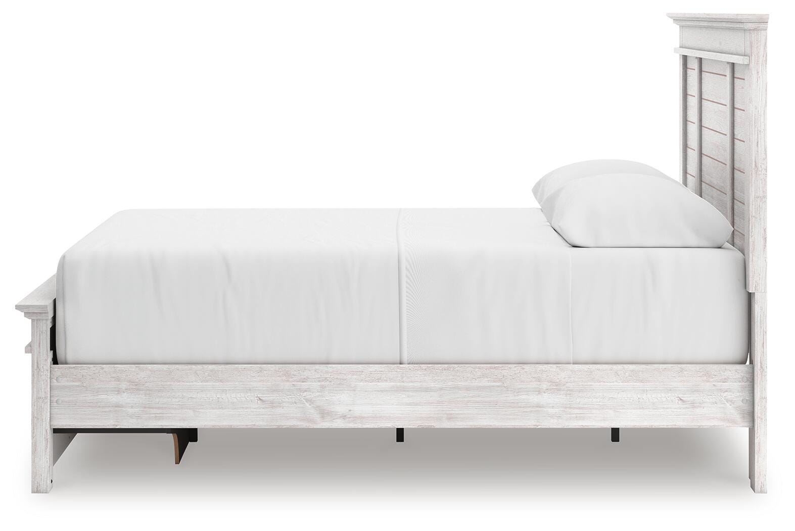 Side alternate angle of Makidern whitewash queen bed