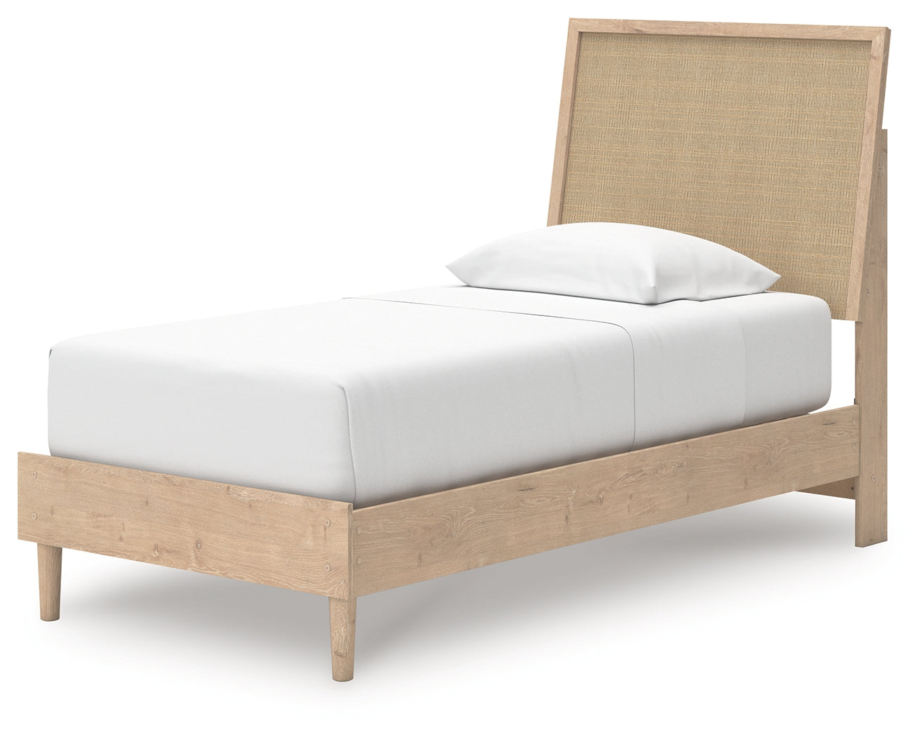 Angled view of bed highlighting mixed material finish