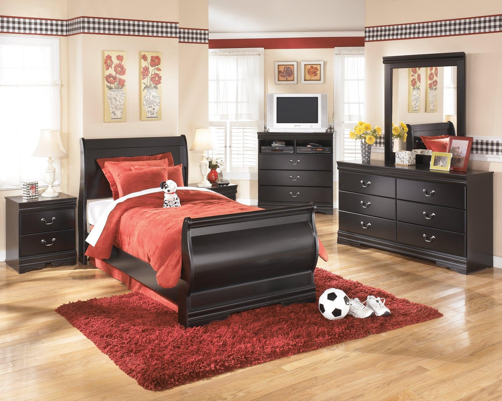 Huey Vineyard Black Dresser showing six drawers open