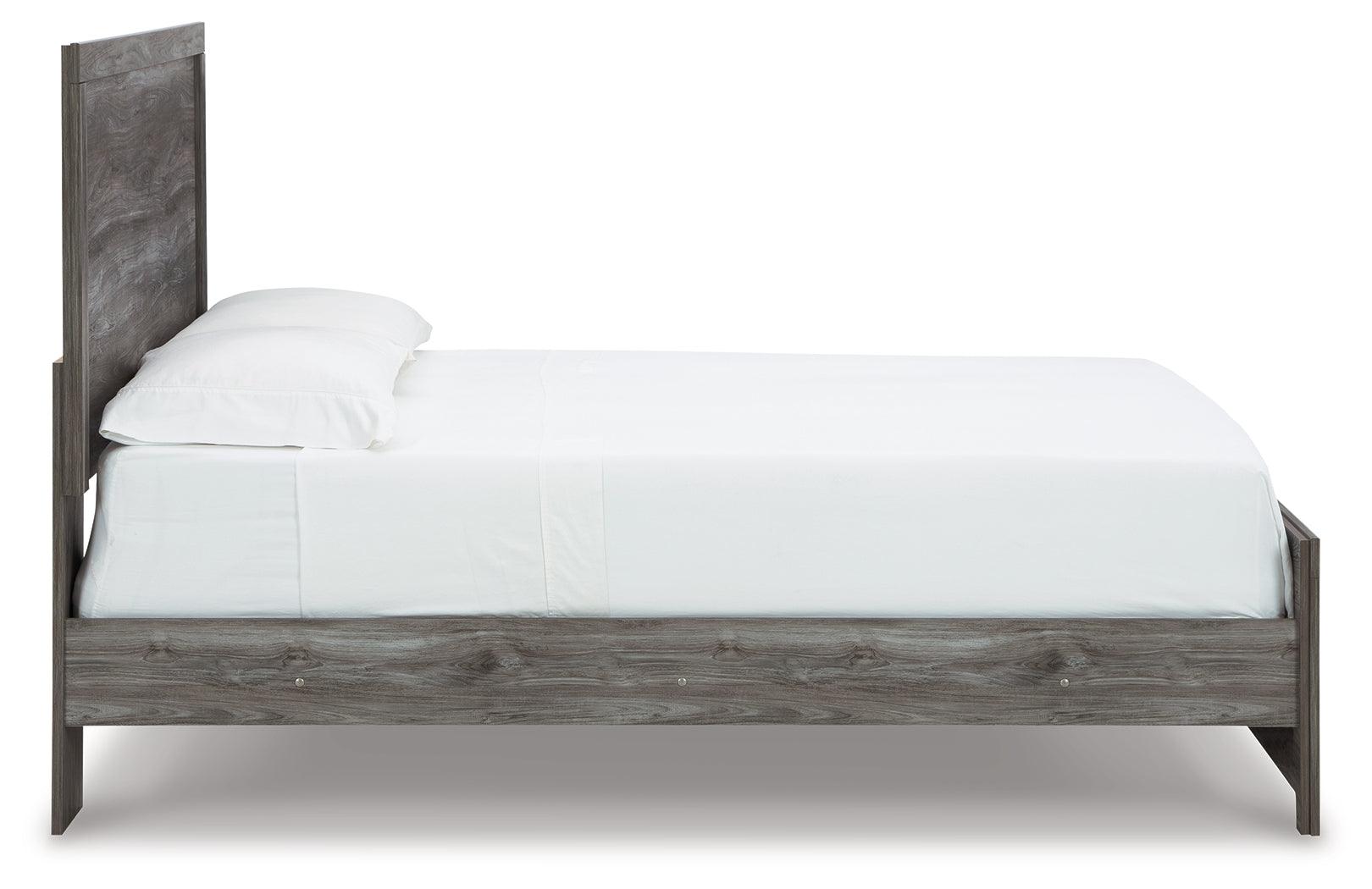 Bronyan queen bed side angle with four storage drawers visible