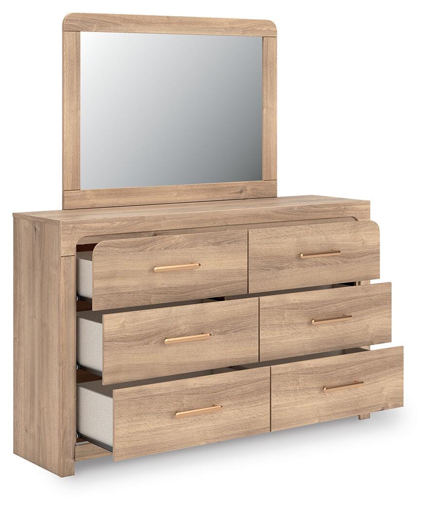 Kinlanni Tan Upholstered Platform Bedroom Set angled view