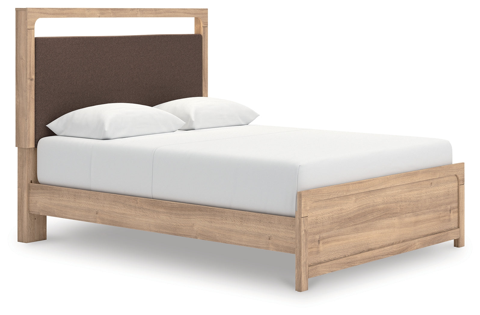 Kinlanni tan queen upholstered platform bed lit angled view