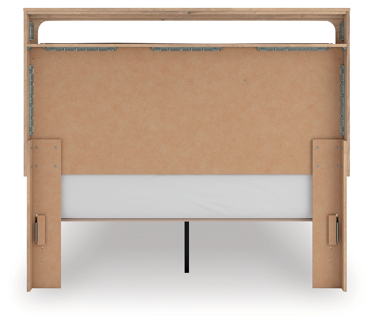 Kinlanni tan queen upholstered platform bed rear view
