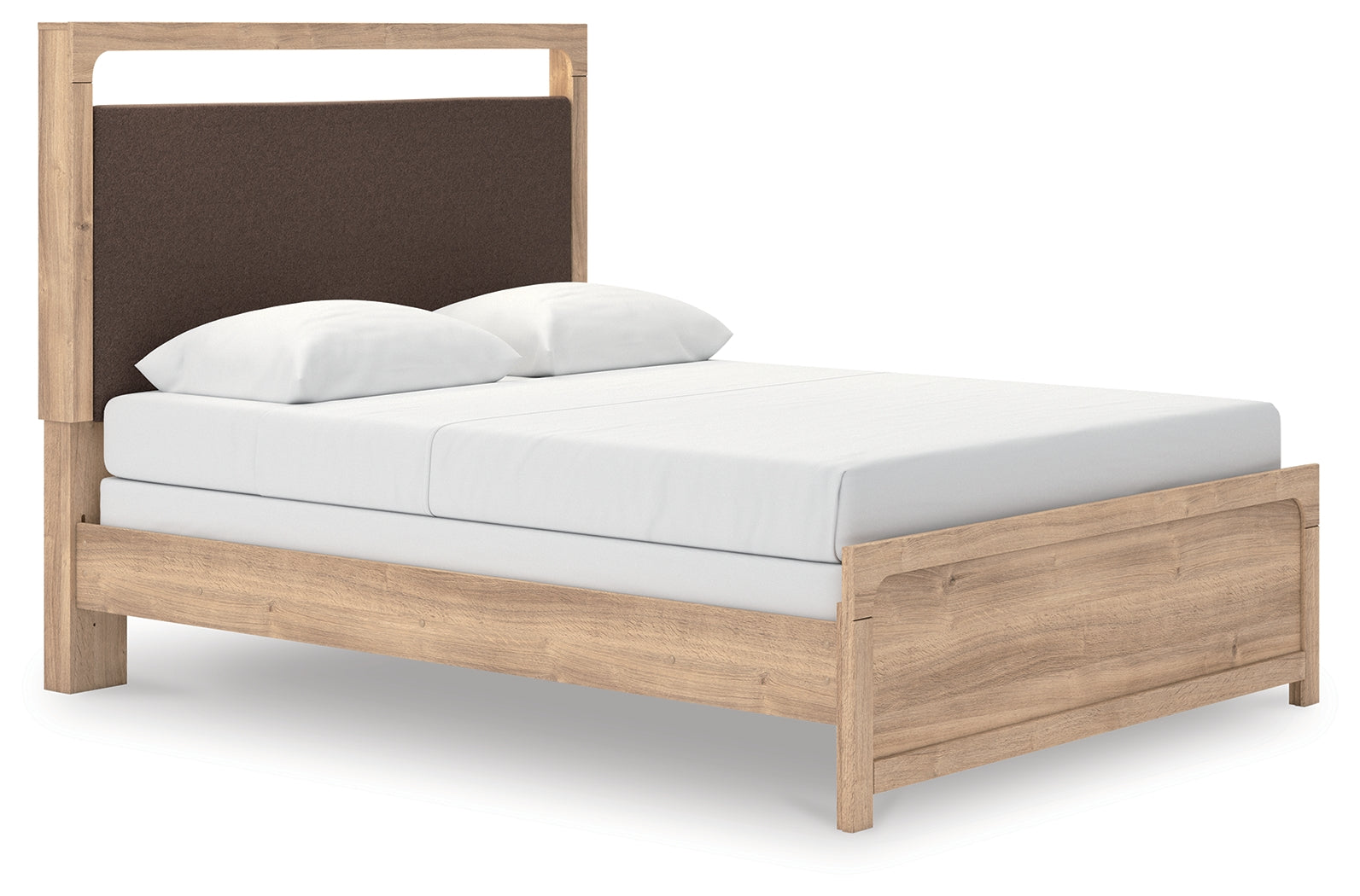Kinlanni tan queen upholstered panel bed angled view with LED lighting on