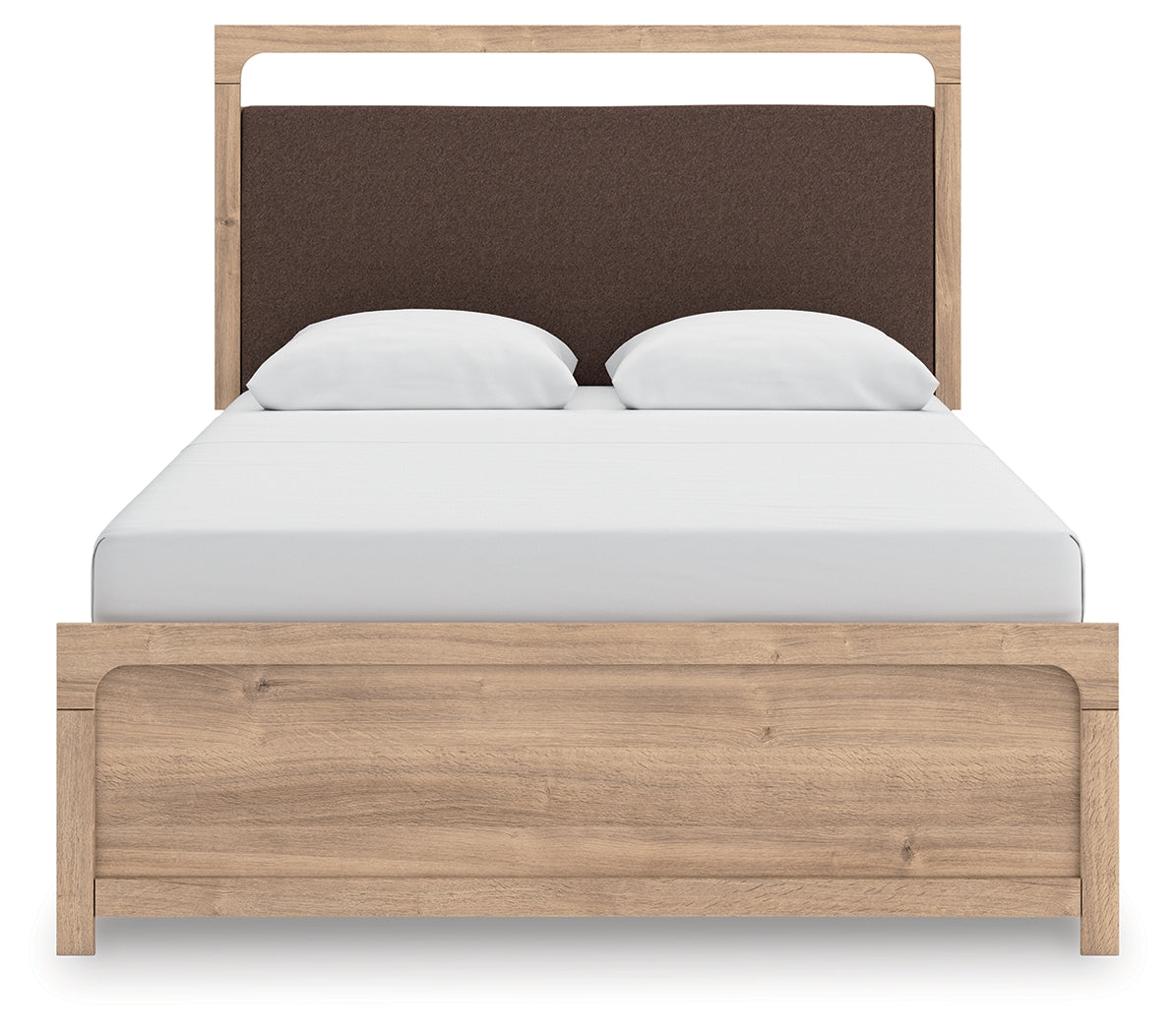 Kinlanni tan queen upholstered panel bed head-on view