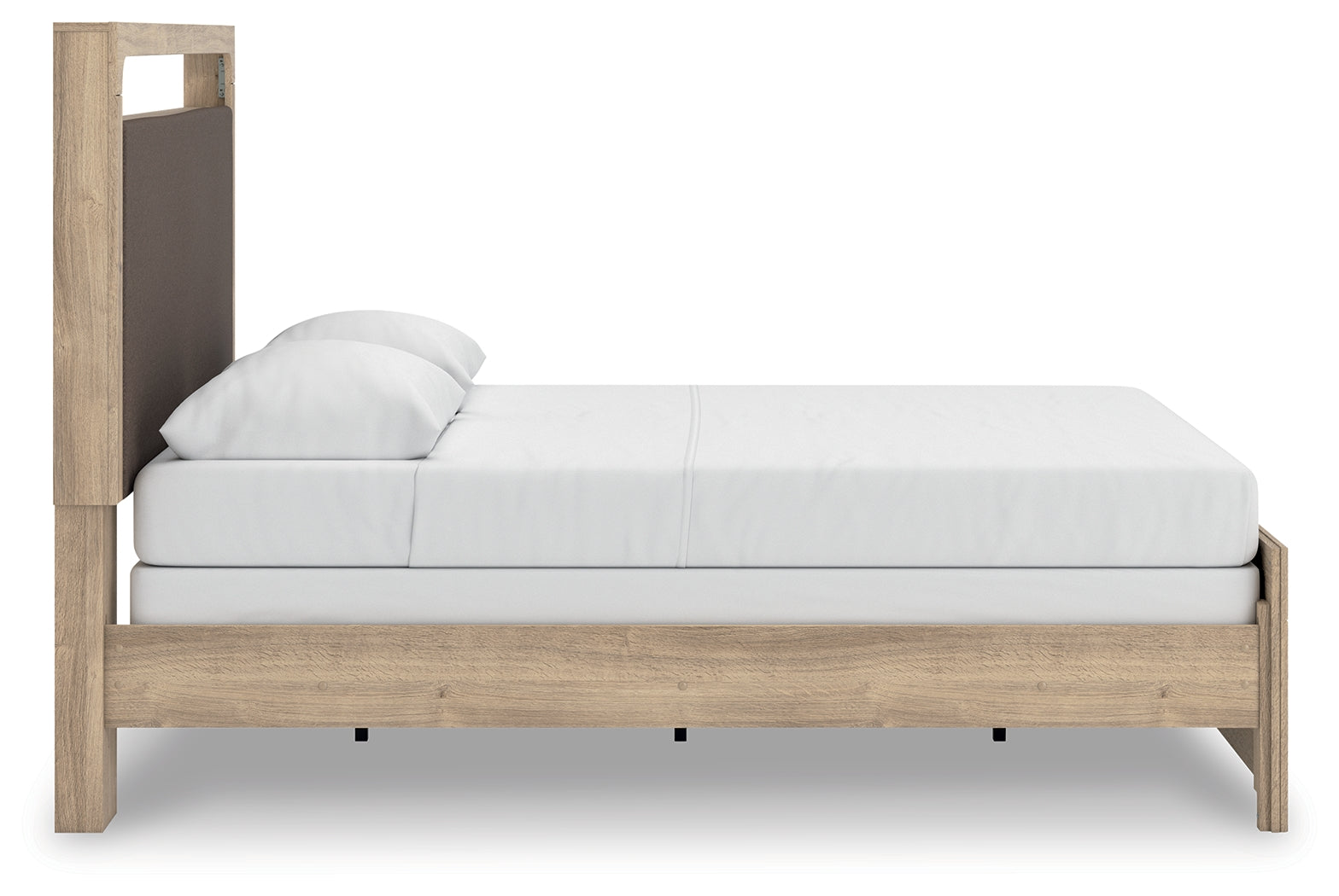 Kinlanni tan queen upholstered panel bed side profile