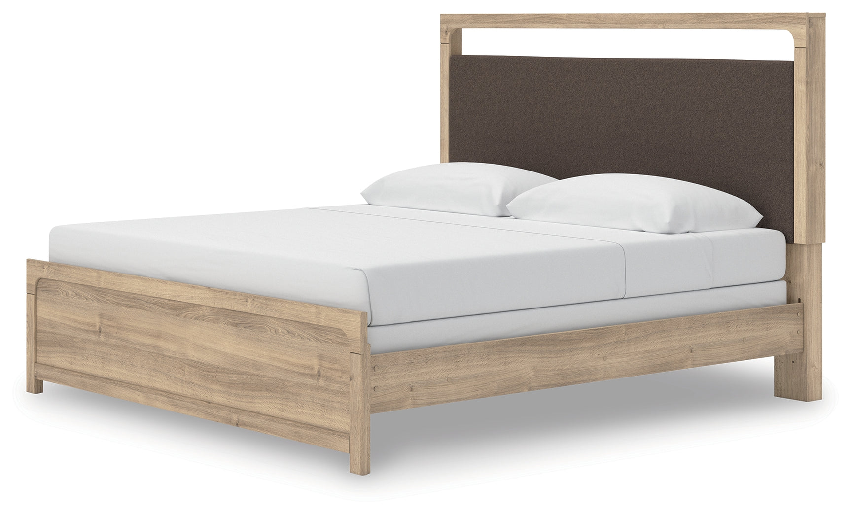Kinlanni Tan King Upholstered Panel Bed, side view showing footboard