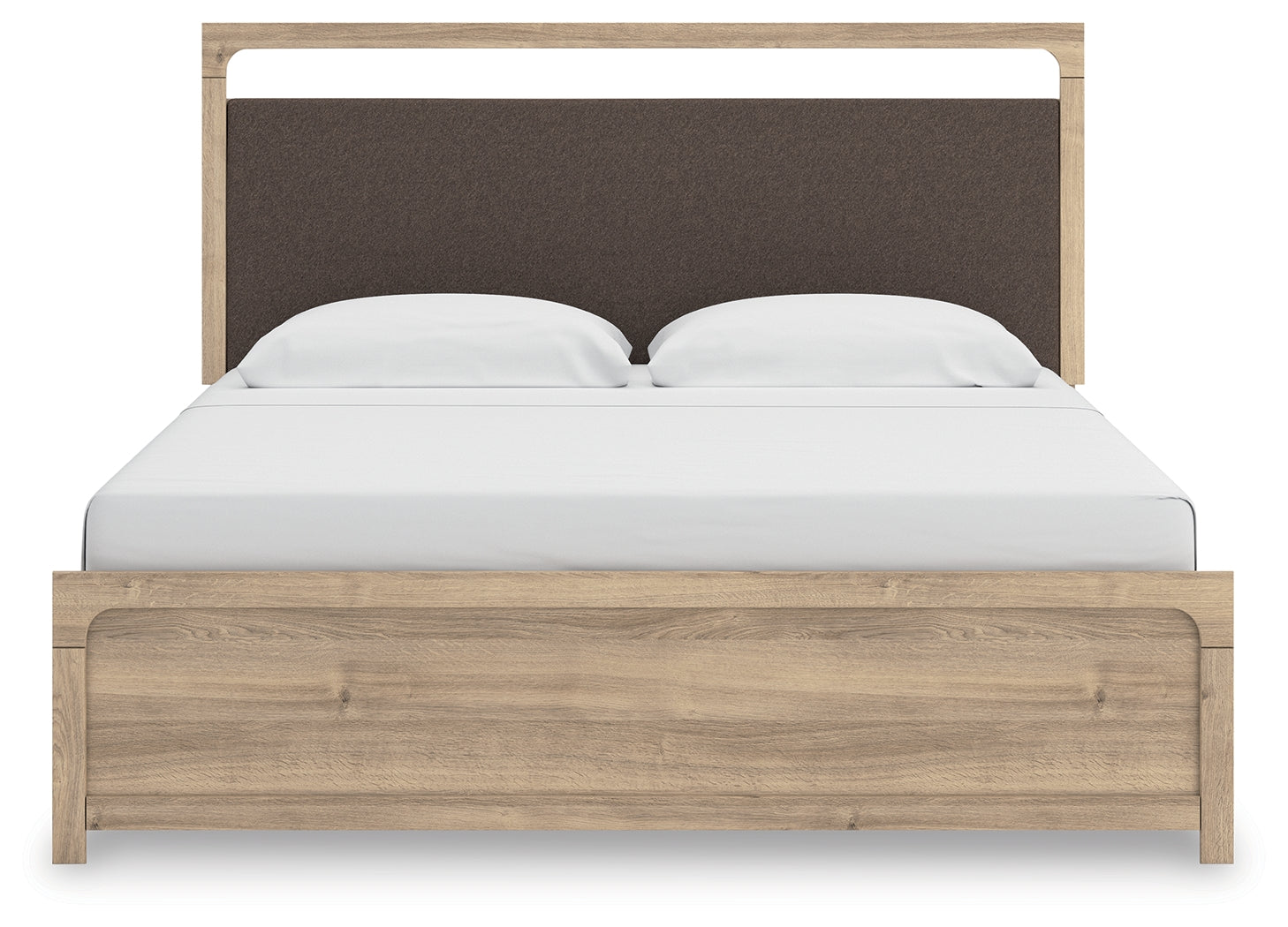 Kinlanni Tan King Upholstered Panel Bed, head-on view