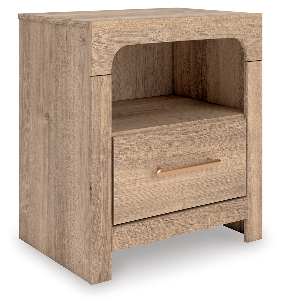 Kinlanni Tan Nightstand angled side view