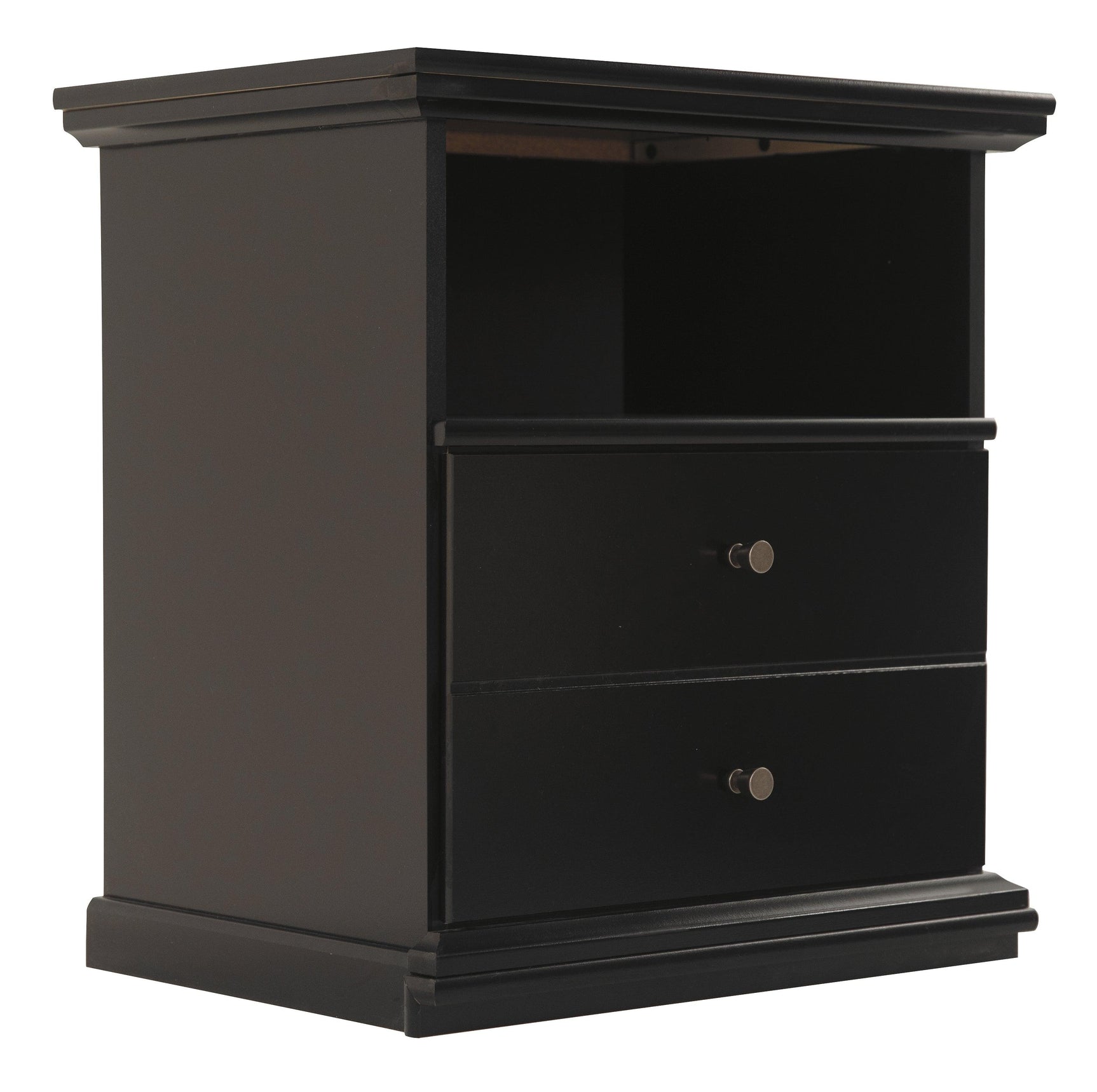 Maribel Black Nightstand side angle highlighting scalloped top and base