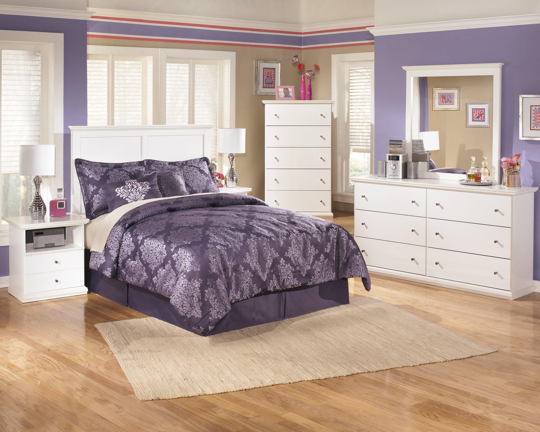 Drawer open showing smooth metal glides in Bostwick Shoals White Dresser