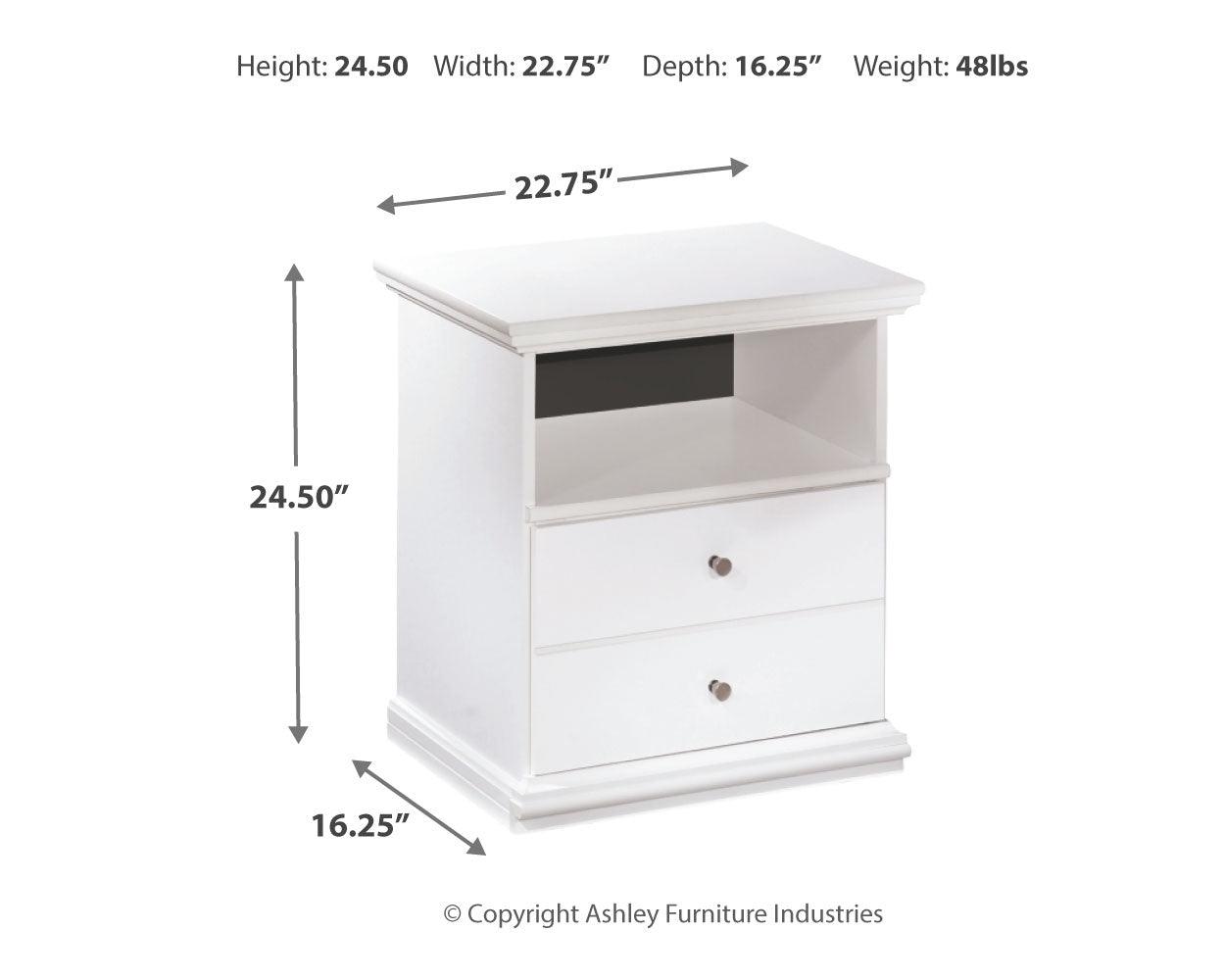 Dimension diagram for Bostwick Shoals white nightstand