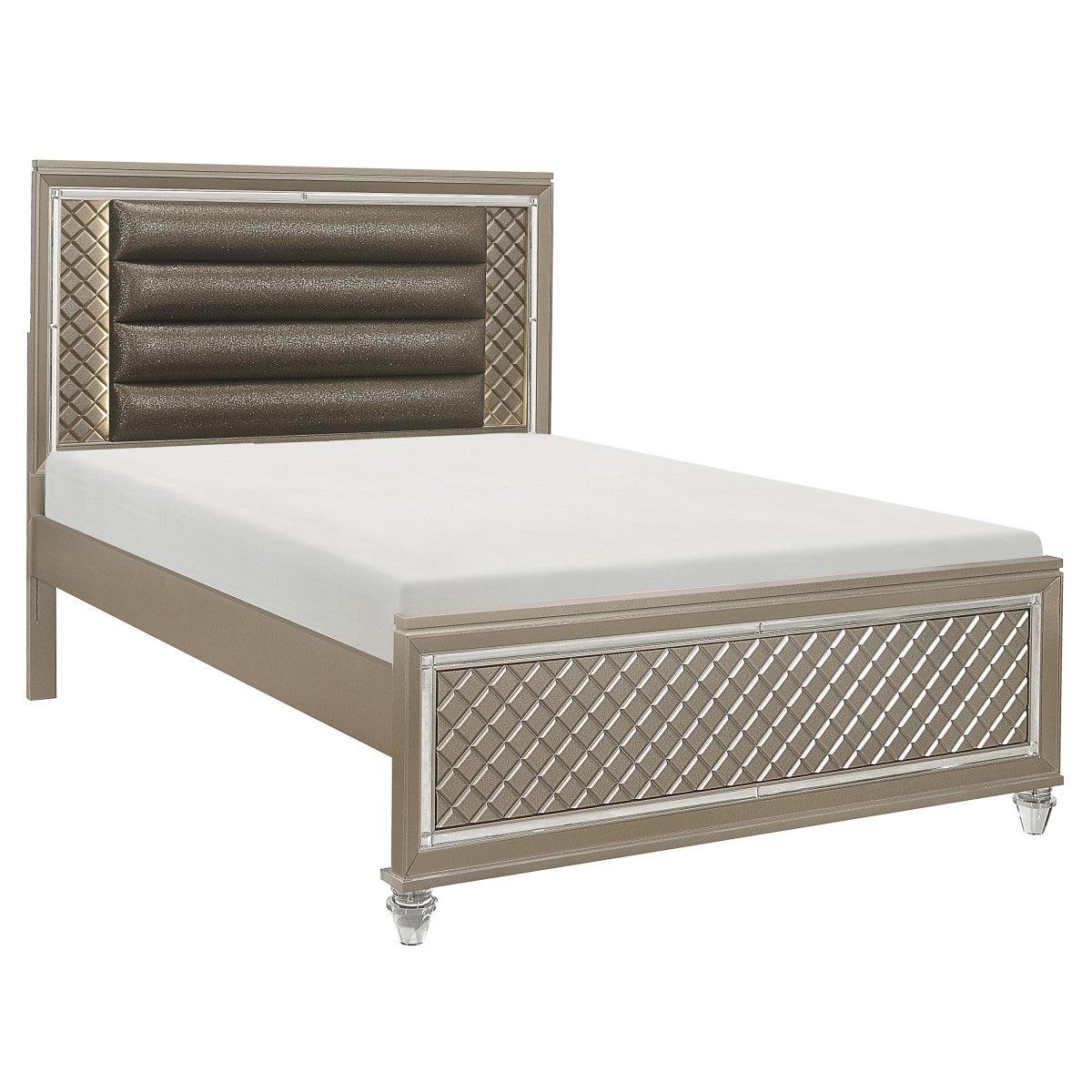 Loudon Champagne Full Platform Youth Bed side view showing metallic finish and acrylic feet
