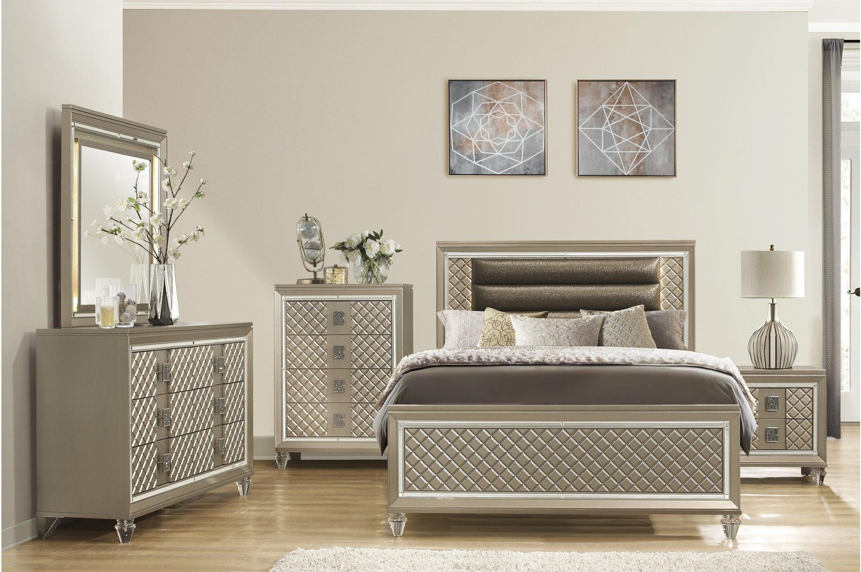 Loudon Pine Wood Dresser with Champagne Finish and Mirror