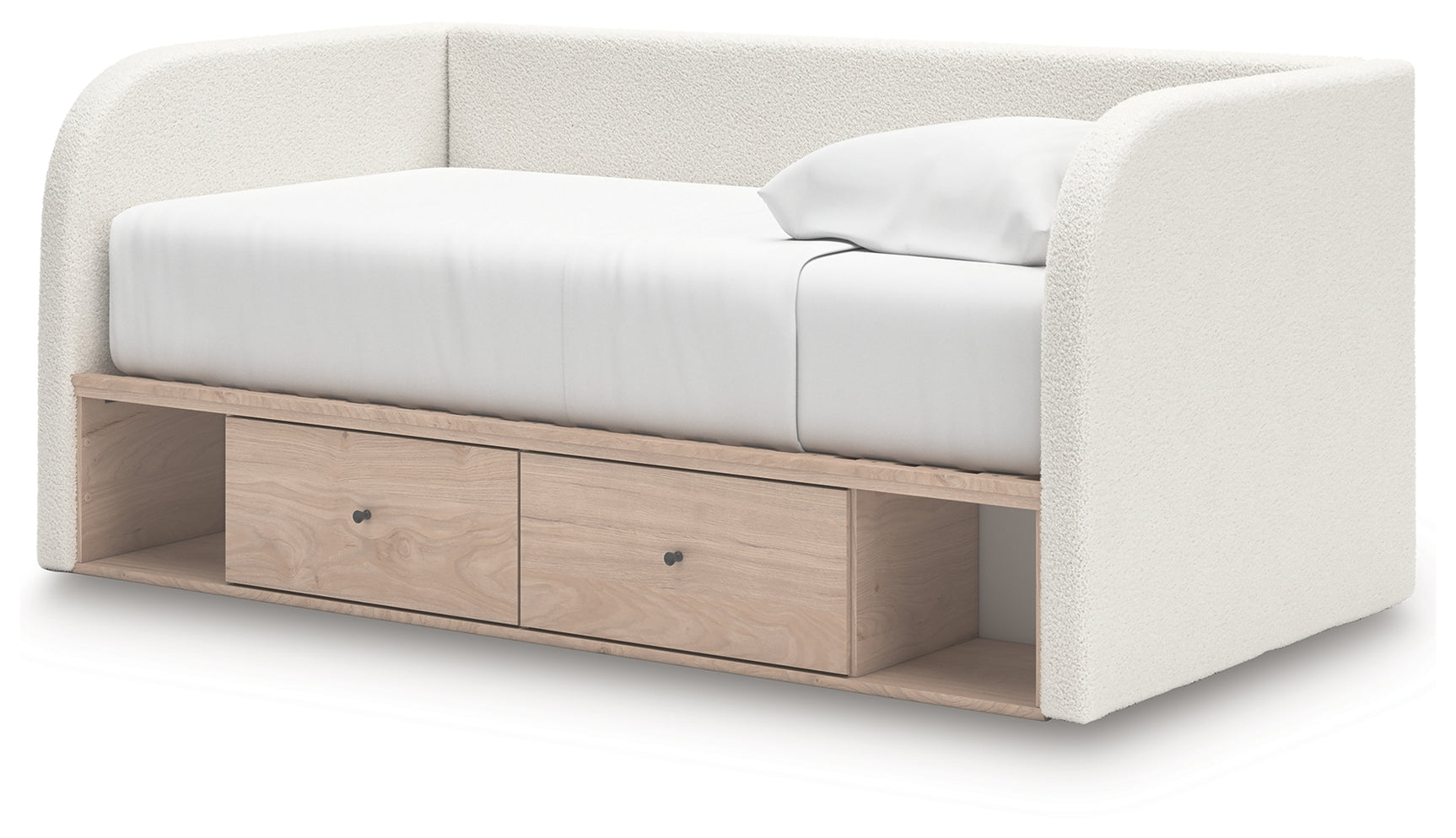 Close-up of upholstered side panel and storage drawer