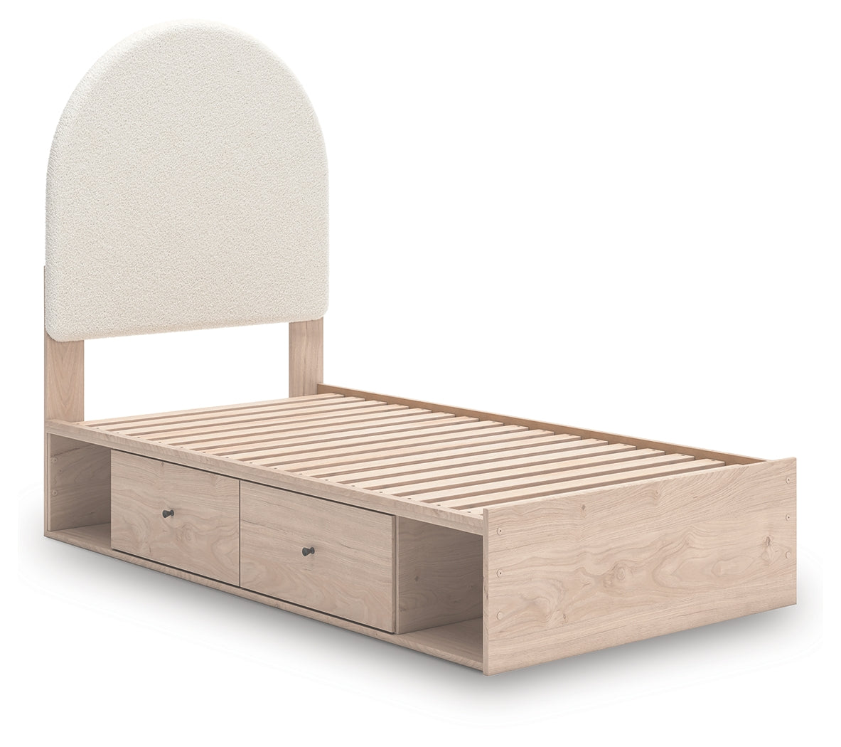 Close-up of upholstered headboard on Arloster Twin Bed