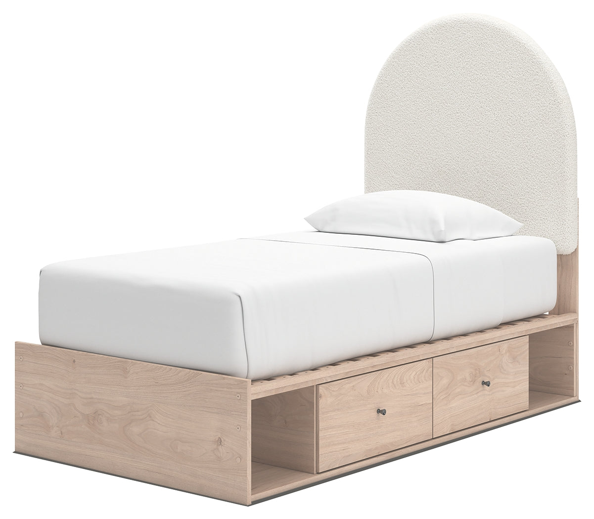 Detail of textured tan and white upholstery on bed headboard