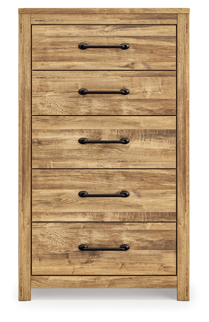 Front view of Maystonna brown chest of drawers