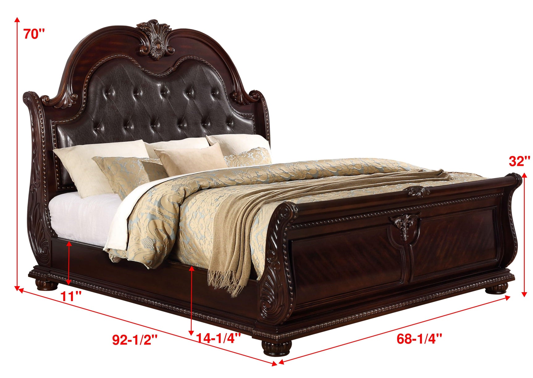 Side view of Stanley Cherry Brown fabric upholstered tufted sleigh bed in king size