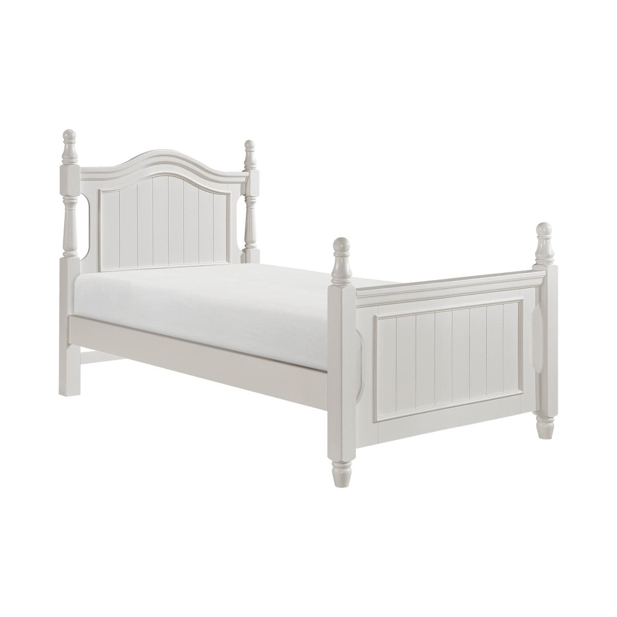 Close-up of turned post headboard in white finish