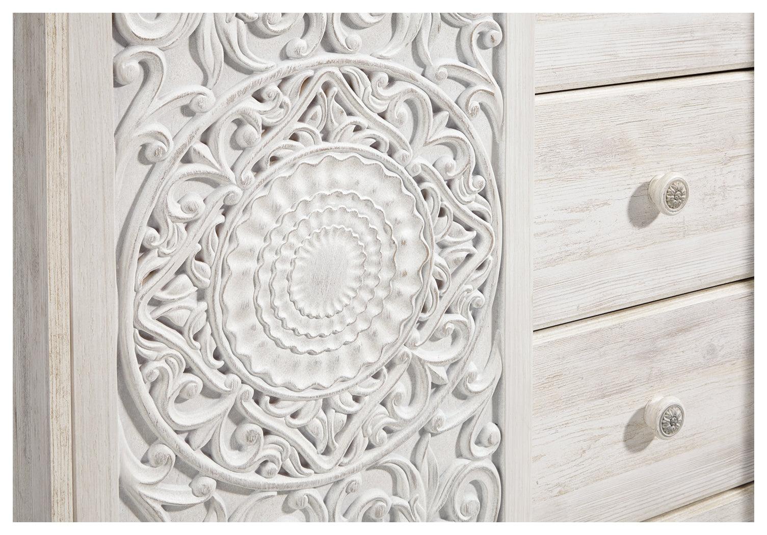 Detailed close-up of whitewash finish and hardware