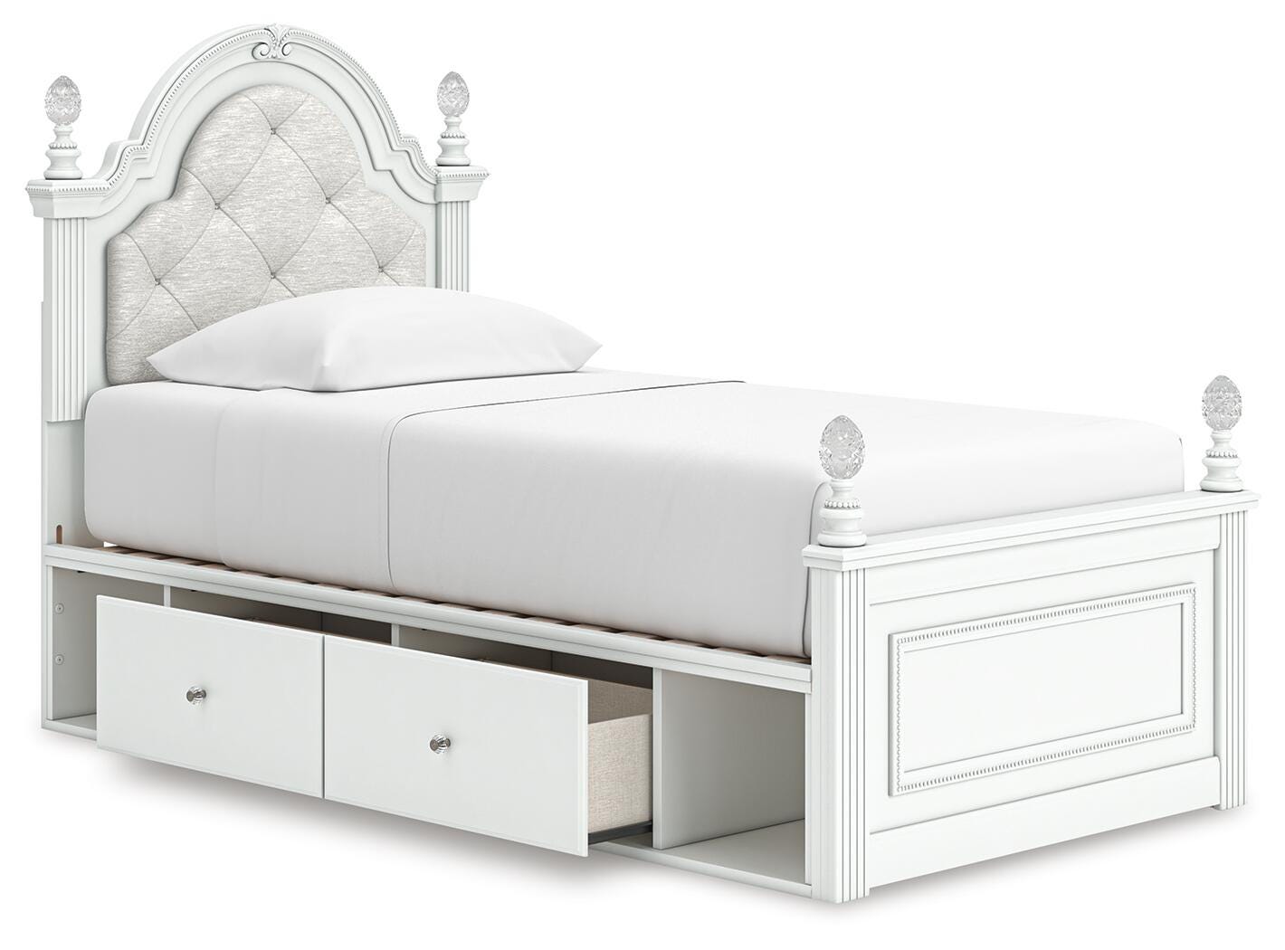 Open storage drawers beneath the Kozlani twin bed